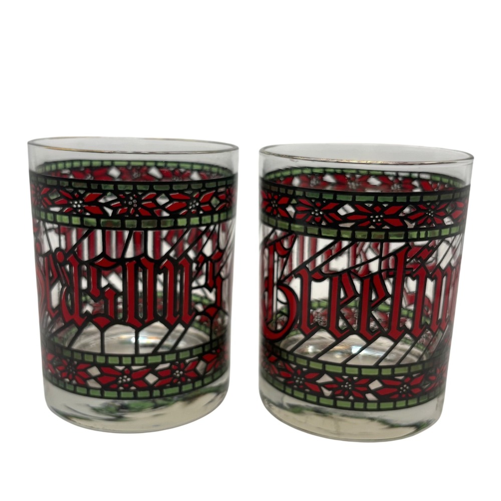 Vtg 70s Houze Seasons Greetings Lowball Rocks Glasses Stained Glass Christmas 2p